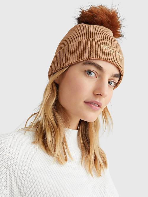 Tommy Hilfiger Signature Pom Pom Beanie Şapka Kadın Bej Rengi | TH510QOV