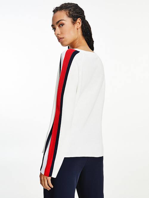 Tommy Hilfiger Signature Sleeve Round Neck Jumper Kazak Kadın Beyaz | TH147MDN