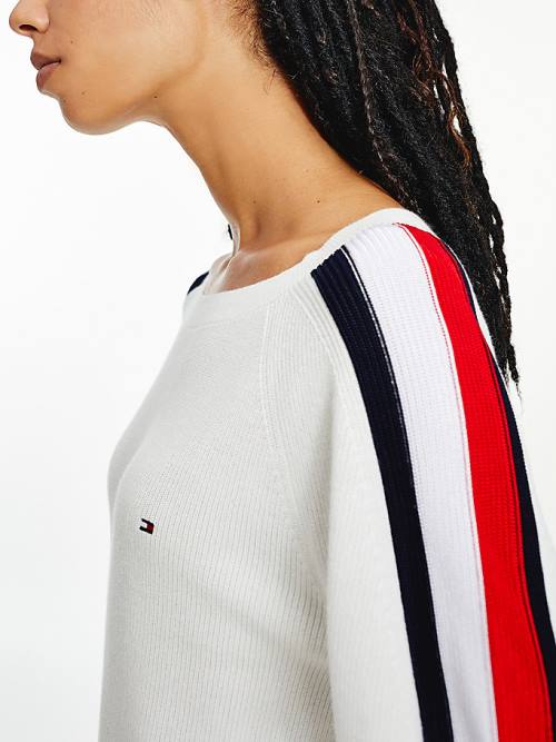 Tommy Hilfiger Signature Sleeve Round Neck Jumper Kazak Kadın Beyaz | TH147MDN