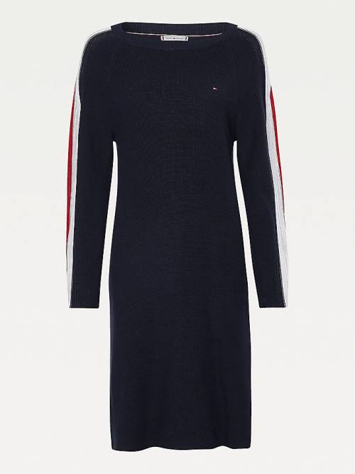 Tommy Hilfiger Signature Sleeve Tekne Neck Knit Elbise Kadın Mavi | TH219DZW