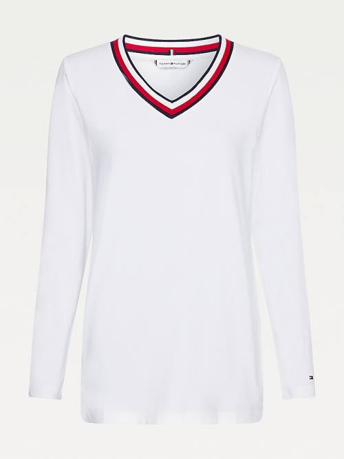 Tommy Hilfiger Signature Tape V-Neck Long Sleeve Tişört Kadın Beyaz | TH239FKL