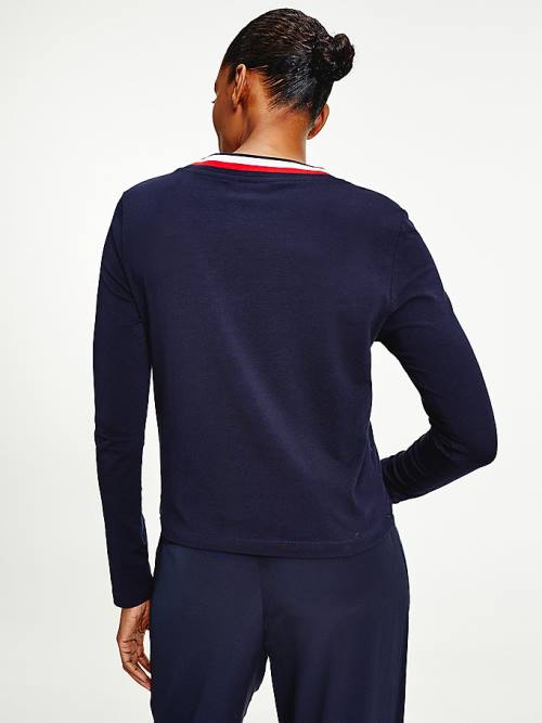 Tommy Hilfiger Signature Tape V-Neck Long Sleeve Tişört Kadın Mavi | TH863RSA