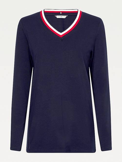 Tommy Hilfiger Signature Tape V-Neck Long Sleeve Tişört Kadın Mavi | TH863RSA