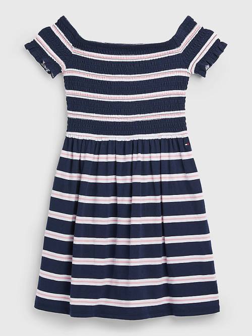 Tommy Hilfiger Smocked Stripe Fit & Flare Elbise Kiz Çocuk Mavi | TH041KSF