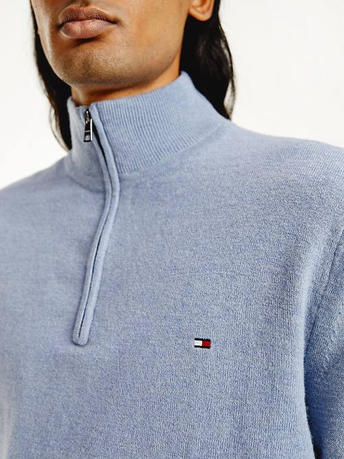 Tommy Hilfiger Soft Merino Wool Half Zip Jumper Kazak Erkek Mavi | TH084YVH