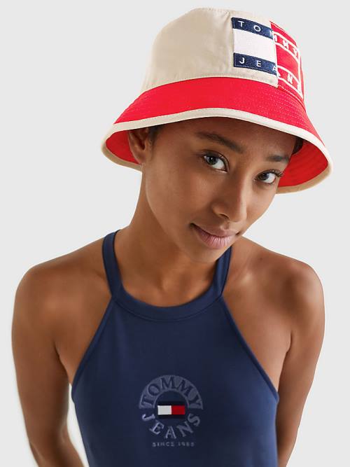 Tommy Hilfiger Spliced Logo Colour-Blocked Bucket Şapka Kadın Kırmızı | TH830YSM