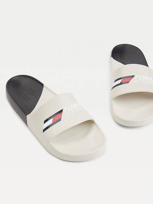 Tommy Hilfiger Spor Colour-Blocked Logo Pool Slides Sandalet Kadın Bej Rengi | TH381ZXQ