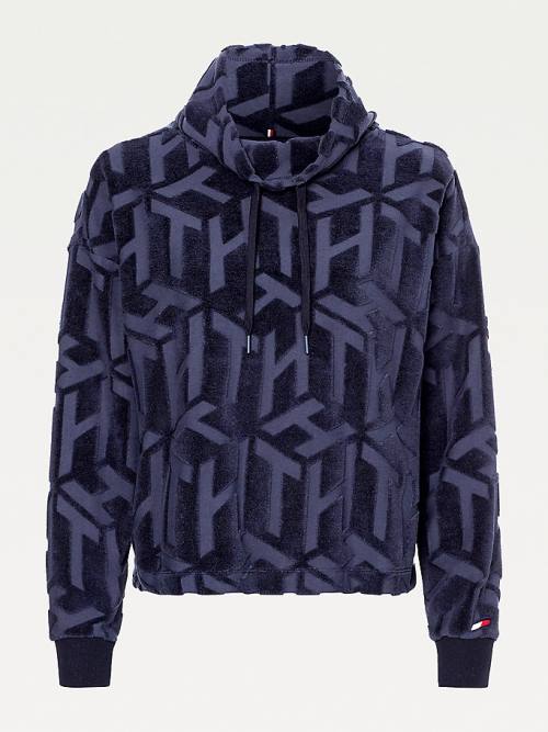 Tommy Hilfiger Spor Monogram High Neck Sweatshirt Kapüşonlu Sweatshirt Kadın Mavi | TH831WJD