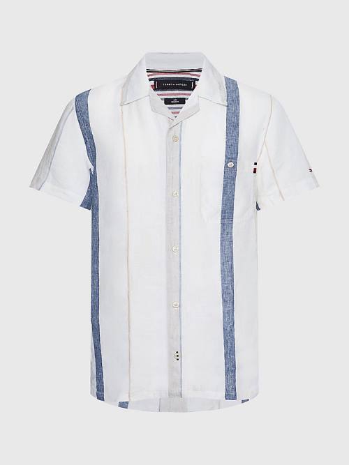 Tommy Hilfiger Stripe Kısa Sleeve Linen Gömlek Erkek Bej Rengi | TH215DYT