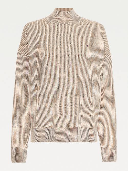 Tommy Hilfiger Stripe Mock Turtleneck Wool Jumper Kazak Kadın Bej Rengi | TH571UWD