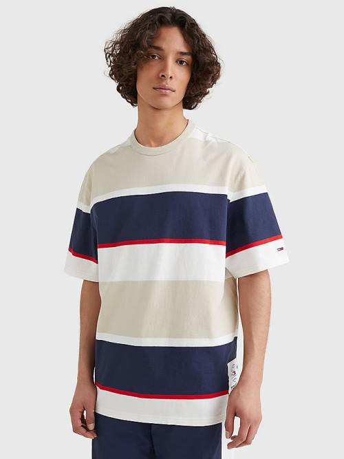 Tommy Hilfiger Stripe Organic Pamuklu Tişört Erkek Bej Rengi | TH072JQC