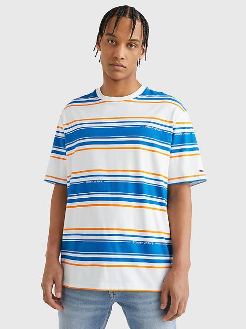 Tommy Hilfiger Stripe Organic Pamuklu Tişört Erkek Beyaz | TH269WLE