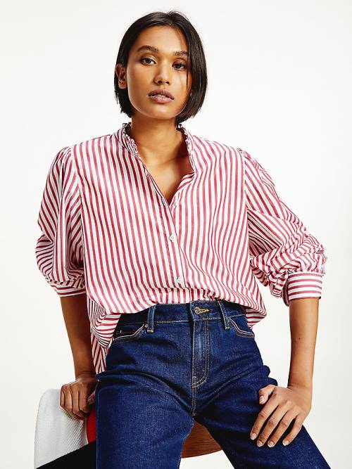 Tommy Hilfiger Stripe Relaxed Fit Frill Bluz Kadın Kırmızı | TH261KRD