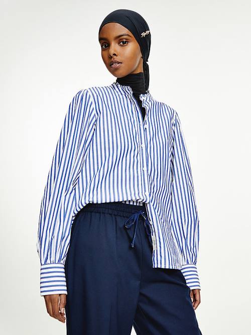 Tommy Hilfiger Stripe Relaxed Fit Frill Bluz Kadın Mavi | TH738AMI