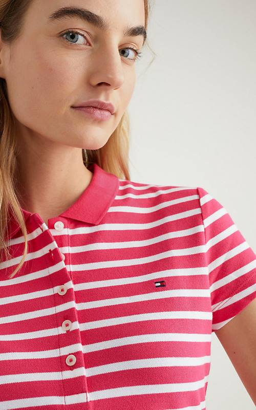 Tommy Hilfiger Stripe Slim Fit Polo Yaka Tişört Kadın Pembe | TH493MPE