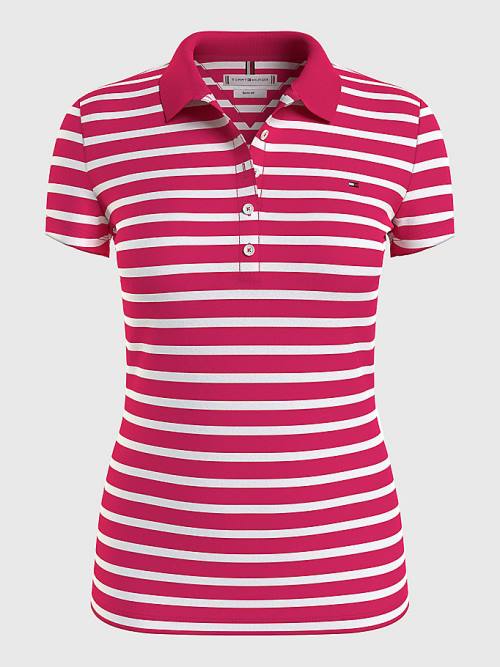 Tommy Hilfiger Stripe Slim Fit Polo Yaka Tişört Kadın Pembe | TH493MPE