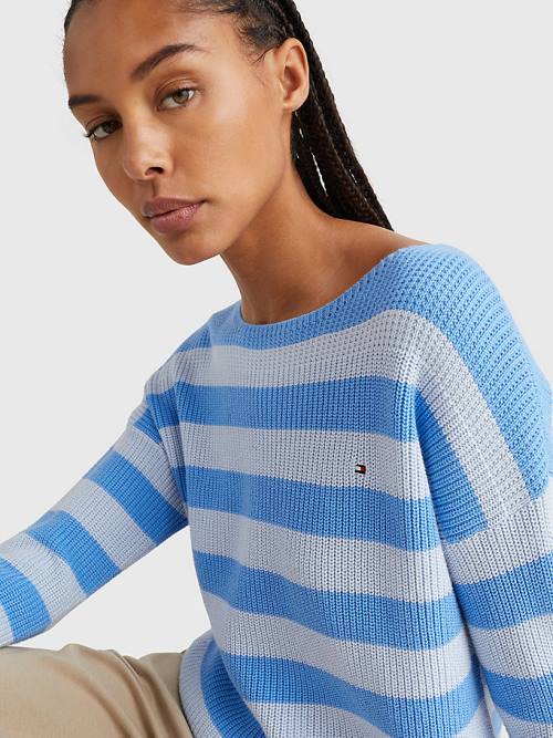 Tommy Hilfiger Stripe Tekne Neck Relaxed Fit Jumper Kazak Kadın Mavi | TH327MSQ