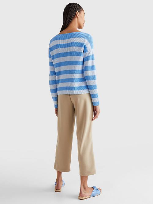 Tommy Hilfiger Stripe Tekne Neck Relaxed Fit Jumper Kazak Kadın Mavi | TH327MSQ