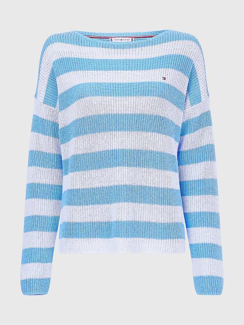 Tommy Hilfiger Stripe Tekne Neck Relaxed Fit Jumper Kazak Kadın Mavi | TH327MSQ