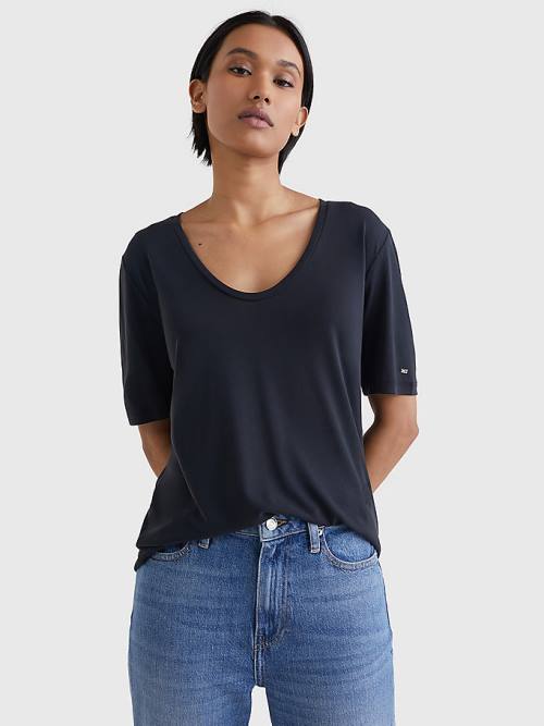 Tommy Hilfiger Sueded Scoop Neck Relaxed Tişört Kadın Siyah | TH156KQI