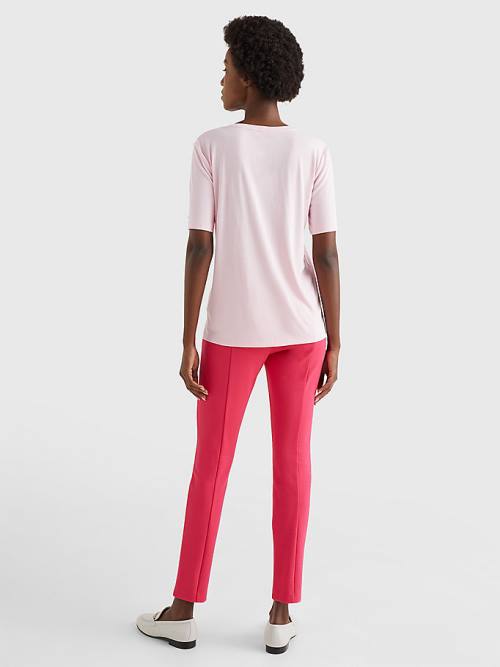 Tommy Hilfiger Sueded Scoop Neck Relaxed Tişört Kadın Pembe | TH420TRP