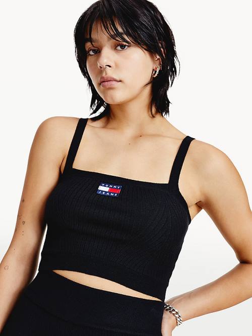 Tommy Hilfiger Super Cropped Badge Ribbed Cami Kazak Kadın Siyah | TH108DYL