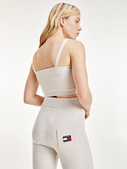 Tommy Hilfiger Super Cropped Badge Ribbed Cami Kazak Kadın Bej Rengi | TH687TGA