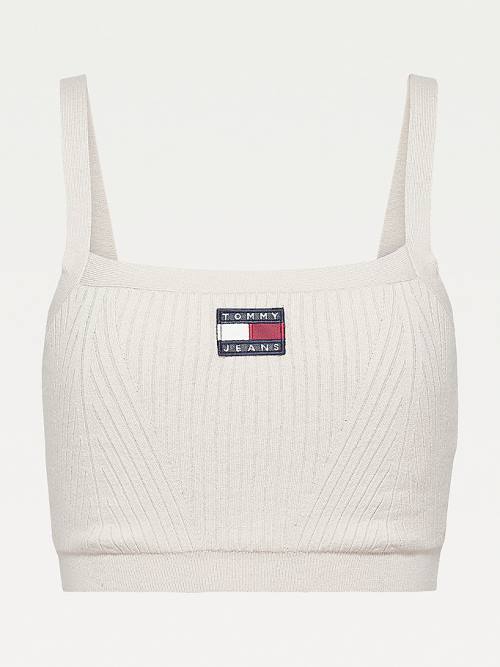 Tommy Hilfiger Super Cropped Badge Ribbed Cami Kazak Kadın Bej Rengi | TH687TGA