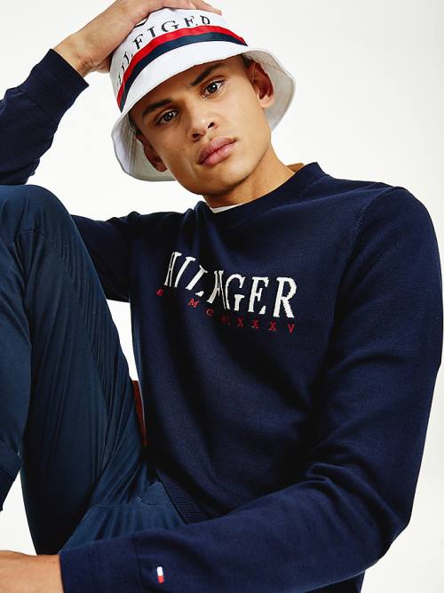 Tommy Hilfiger Supima Pamuklu Graphic Crew Neck Jumper Kazak Erkek Mavi | TH302MED