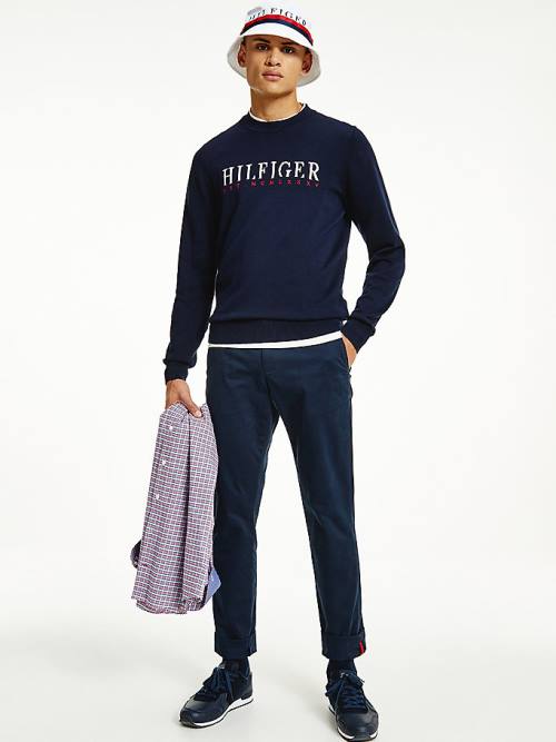 Tommy Hilfiger Supima Pamuklu Graphic Crew Neck Jumper Kazak Erkek Mavi | TH302MED