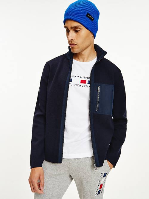 Tommy Hilfiger TH Flex Contrast Panels Zip-Thru Cardigan Kazak Erkek Mavi | TH352GDQ