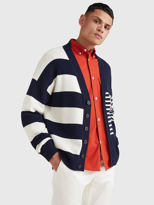 Tommy Hilfiger TH Flex Stripe Crest Cardigan Kazak Erkek Mavi | TH584GHR