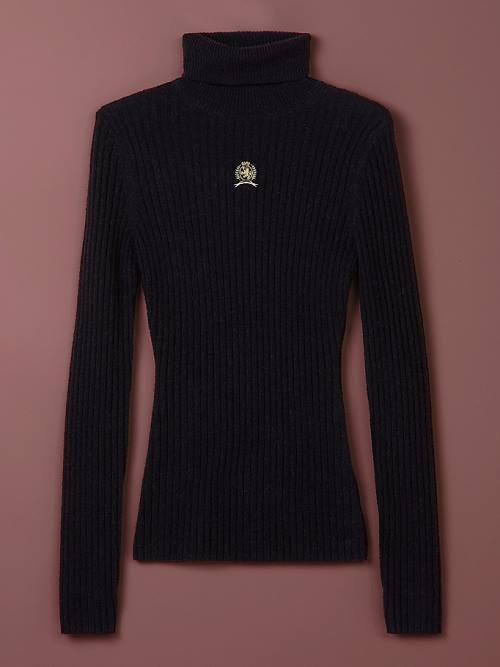 Tommy Hilfiger TH Koleksiyonlar Crest Mock Turtleneck Slim Jumper Kazak Kadın Siyah | TH637ASC