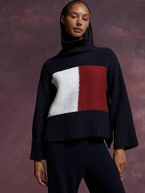 Tommy Hilfiger TH Koleksiyonlar Flag Icon Ribbed Jumper Kazak Kadın Mavi | TH750IAM