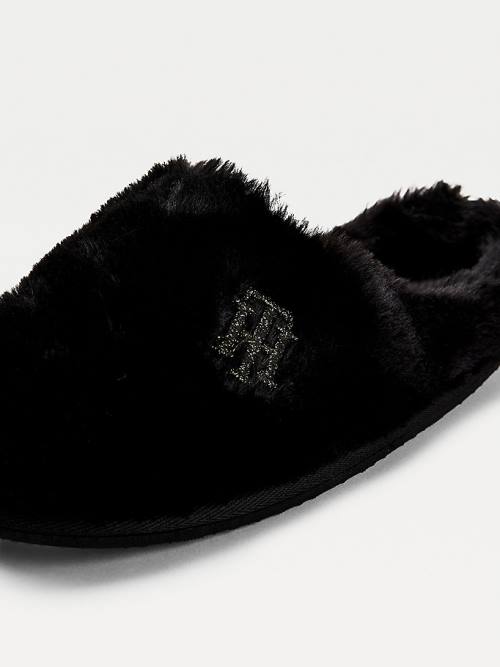 Tommy Hilfiger TH Monogram Faux Fur Terlik Kadın Siyah | TH739TNE