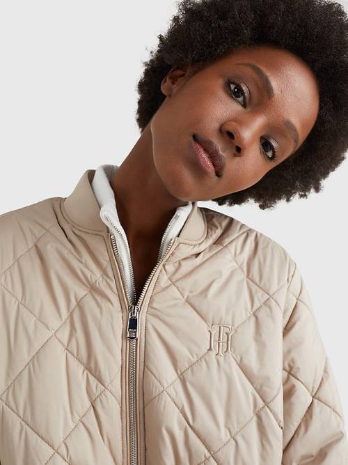 Tommy Hilfiger TH Protect Longline Quilted Bomber Coat Ceket Kadın Bej Rengi | TH903FVI