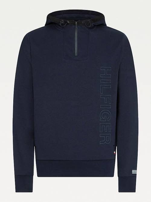 Tommy Hilfiger TH Tech Essential Logo Quarter-Zip Kapüşonlu Sweatshirt Erkek Mavi | TH296UKD