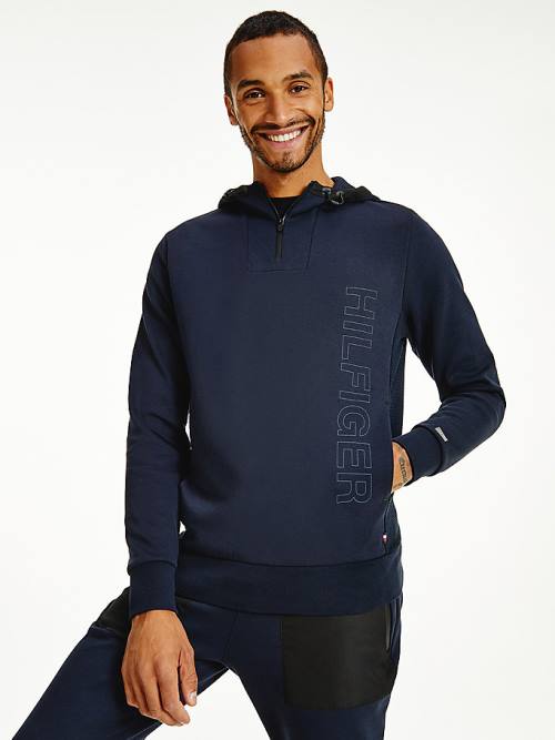 Tommy Hilfiger TH Tech Essential Logo Quarter-Zip Kapüşonlu Sweatshirt Erkek Mavi | TH296UKD