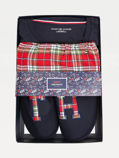 Tommy Hilfiger Tartan Flannel And Slippers Set Pijama Erkek Mavi | TH471TVN