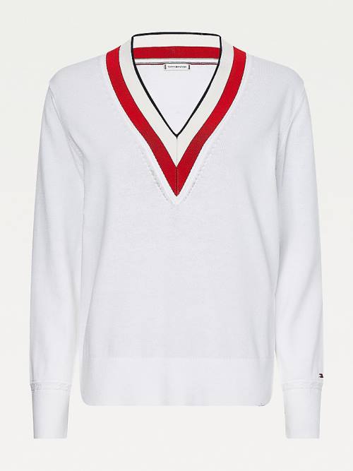 Tommy Hilfiger Tipped V-Neck Jumper Kazak Kadın Beyaz | TH471BTO