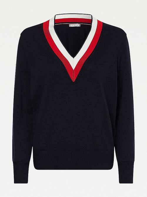 Tommy Hilfiger Tipped V-Neck Jumper Kazak Kadın Mavi | TH780CSU