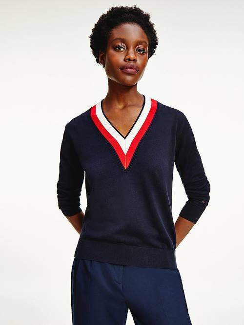 Tommy Hilfiger Tipped V-Neck Jumper Kazak Kadın Mavi | TH780CSU