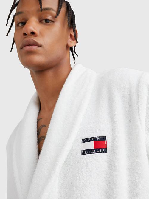 Tommy Hilfiger Tommy 85 Signature Logo Towelling Robe Pijama Erkek Beyaz | TH681RFV