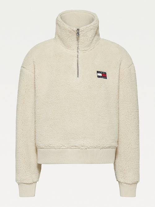 Tommy Hilfiger Tommy Badge Boxy Plush Fleece Sweatshirt Kapüşonlu Sweatshirt Kadın Bej Rengi | TH165UVI