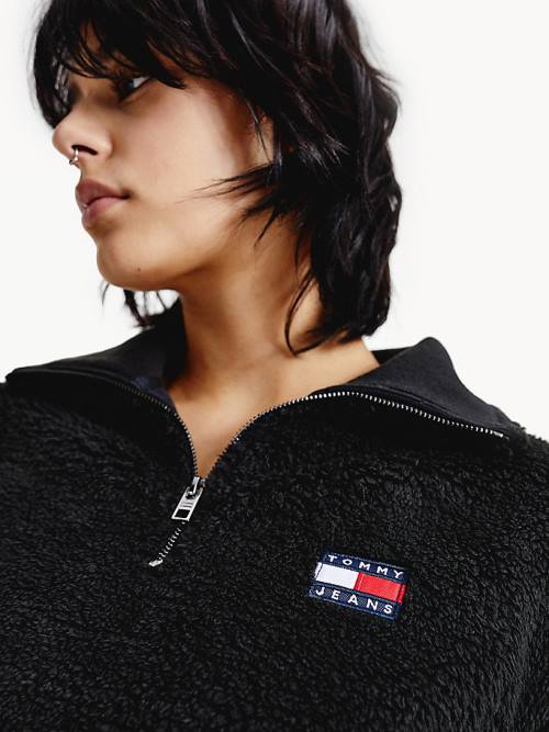 Tommy Hilfiger Tommy Badge Boxy Plush Fleece Sweatshirt Kapüşonlu Sweatshirt Kadın Siyah | TH518YZT