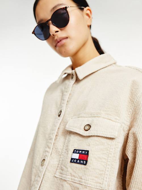 Tommy Hilfiger Tommy Badge Corduroy Oversized Fit Overshirt Gömlek Kadın Bej Rengi | TH921QZO