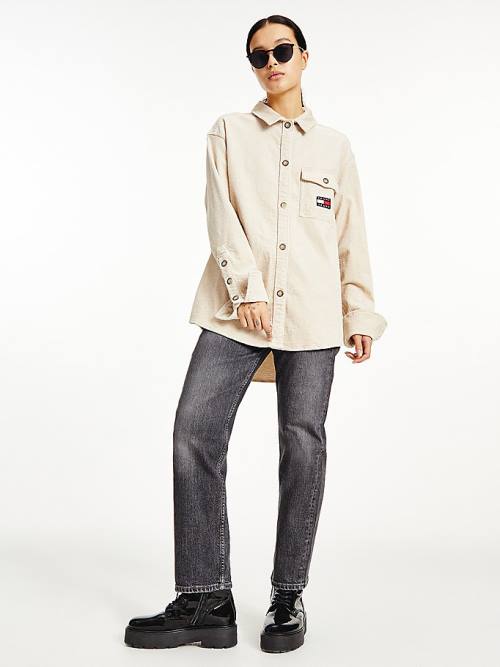 Tommy Hilfiger Tommy Badge Corduroy Oversized Fit Overshirt Gömlek Kadın Bej Rengi | TH921QZO