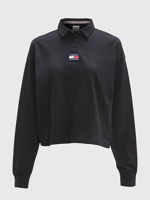 Tommy Hilfiger Tommy Badge Essential Long Sleeve Polo Yaka Tişört Kadın Siyah | TH542XFV