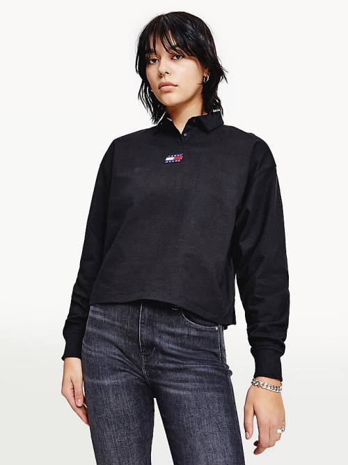 Tommy Hilfiger Tommy Badge Essential Long Sleeve Polo Yaka Tişört Kadın Siyah | TH542XFV