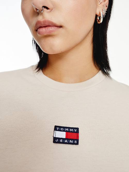 Tommy Hilfiger Tommy Badge Long Sleeve Tişört Kadın Bej Rengi | TH243OXZ